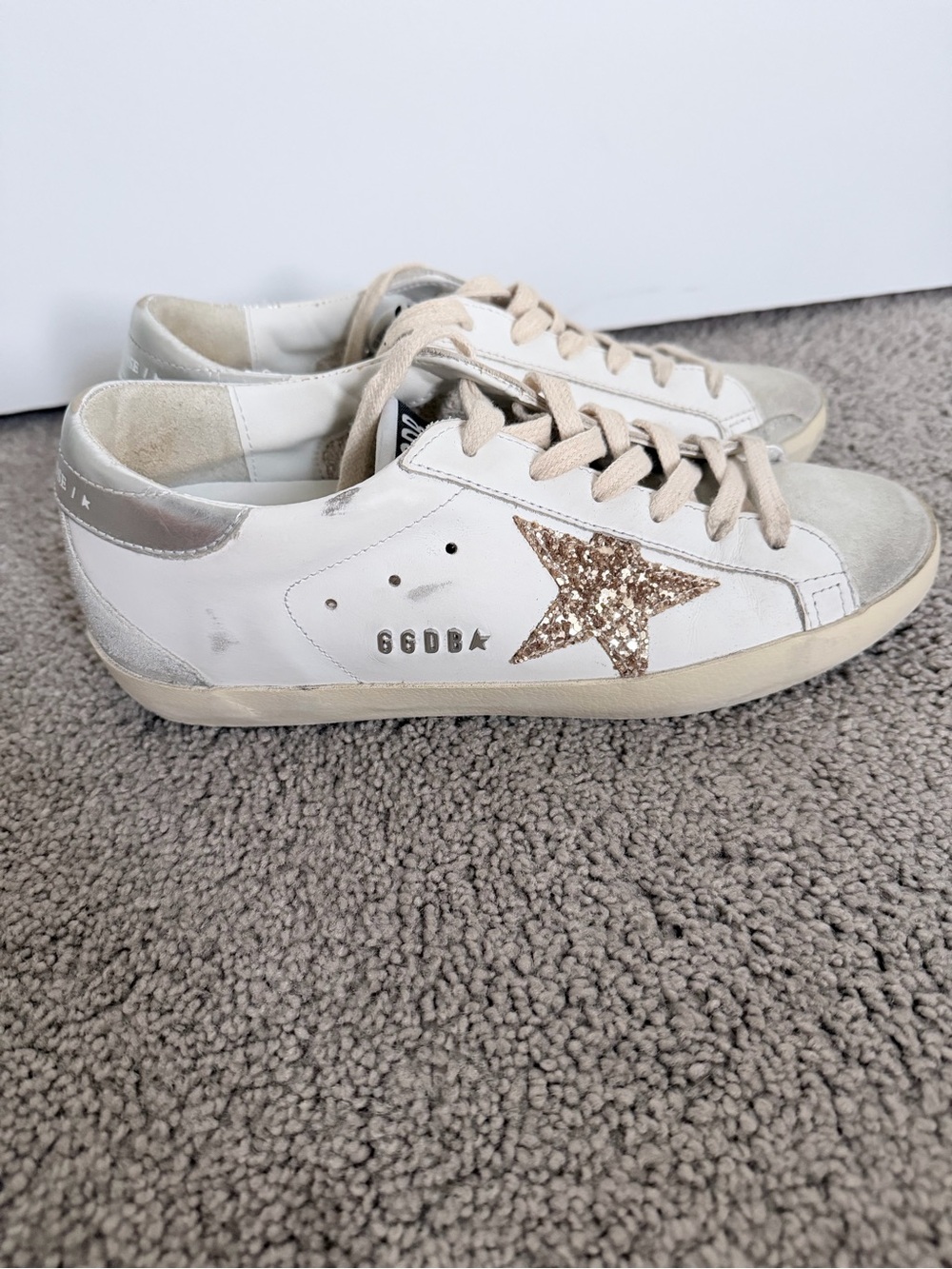 Golden Goose Superstar Sneakers in White with Gold Glitter Star